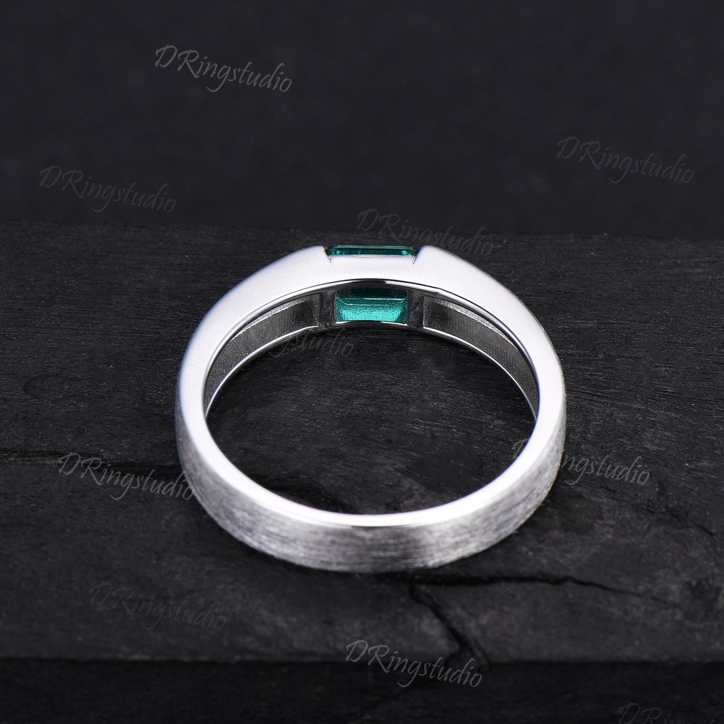 Unique Emerald Cut Emerald Mens Wedding Band Sterling Silver Brushed Finished Band 4mm Matte Band May Birthstone Jewelry Unisex Promise Ring