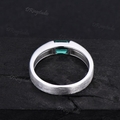Unique Emerald Cut Emerald Mens Wedding Band Sterling Silver Brushed Finished Band 4mm Matte Band May Birthstone Jewelry Unisex Promise Ring
