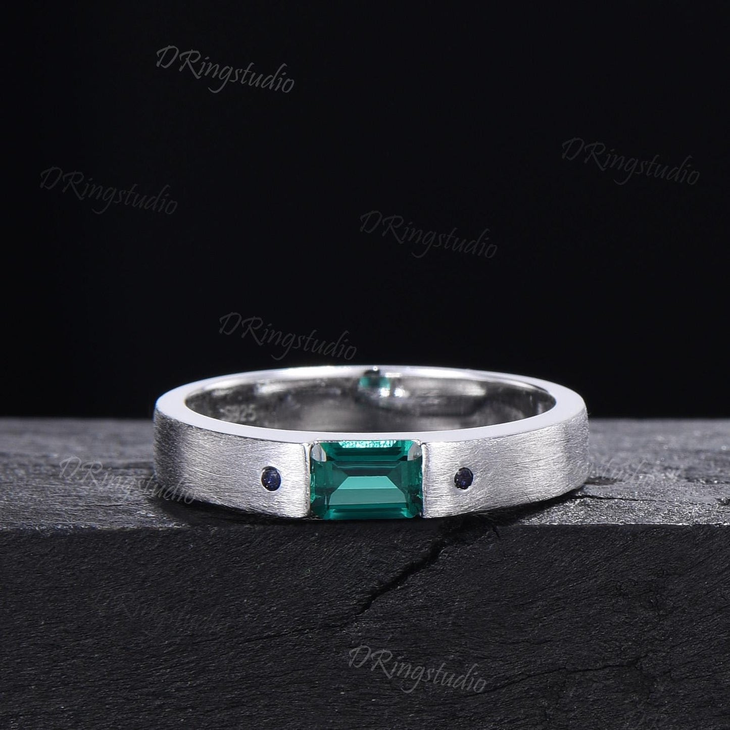 Unique Emerald Cut Emerald Mens Wedding Band Sterling Silver Brushed Finished Band 4mm Matte Band May Birthstone Jewelry Unisex Promise Ring