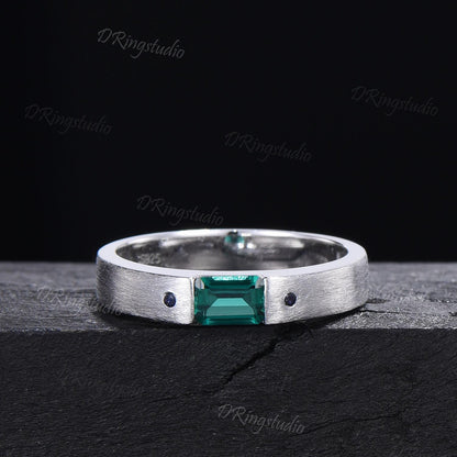 Unique Emerald Cut Emerald Mens Wedding Band Sterling Silver Brushed Finished Band 4mm Matte Band May Birthstone Jewelry Unisex Promise Ring