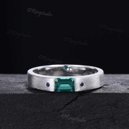 Unique Emerald Cut Emerald Mens Wedding Band Sterling Silver Brushed Finished Band 4mm Matte Band May Birthstone Jewelry Unisex Promise Ring