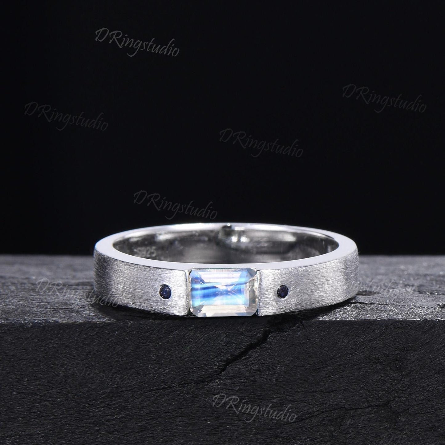 14k Solid Gold Natural Moonstone Mens Wedding Band 4mm Matte Wedding Band Unique Emerald Cut Moonstone Band Brushed Band Unisex Promise Ring