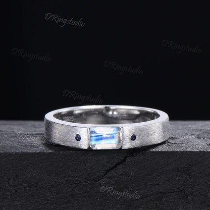 14k Solid Gold Natural Moonstone Mens Wedding Band 4mm Matte Wedding Band Unique Emerald Cut Moonstone Band Brushed Band Unisex Promise Ring