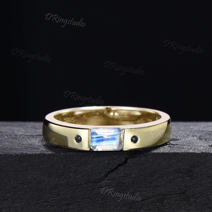 14k Solid Gold Natural Moonstone Mens Wedding Band 4mm Matte Wedding Band Unique Emerald Cut Moonstone Band Brushed Band Unisex Promise Ring