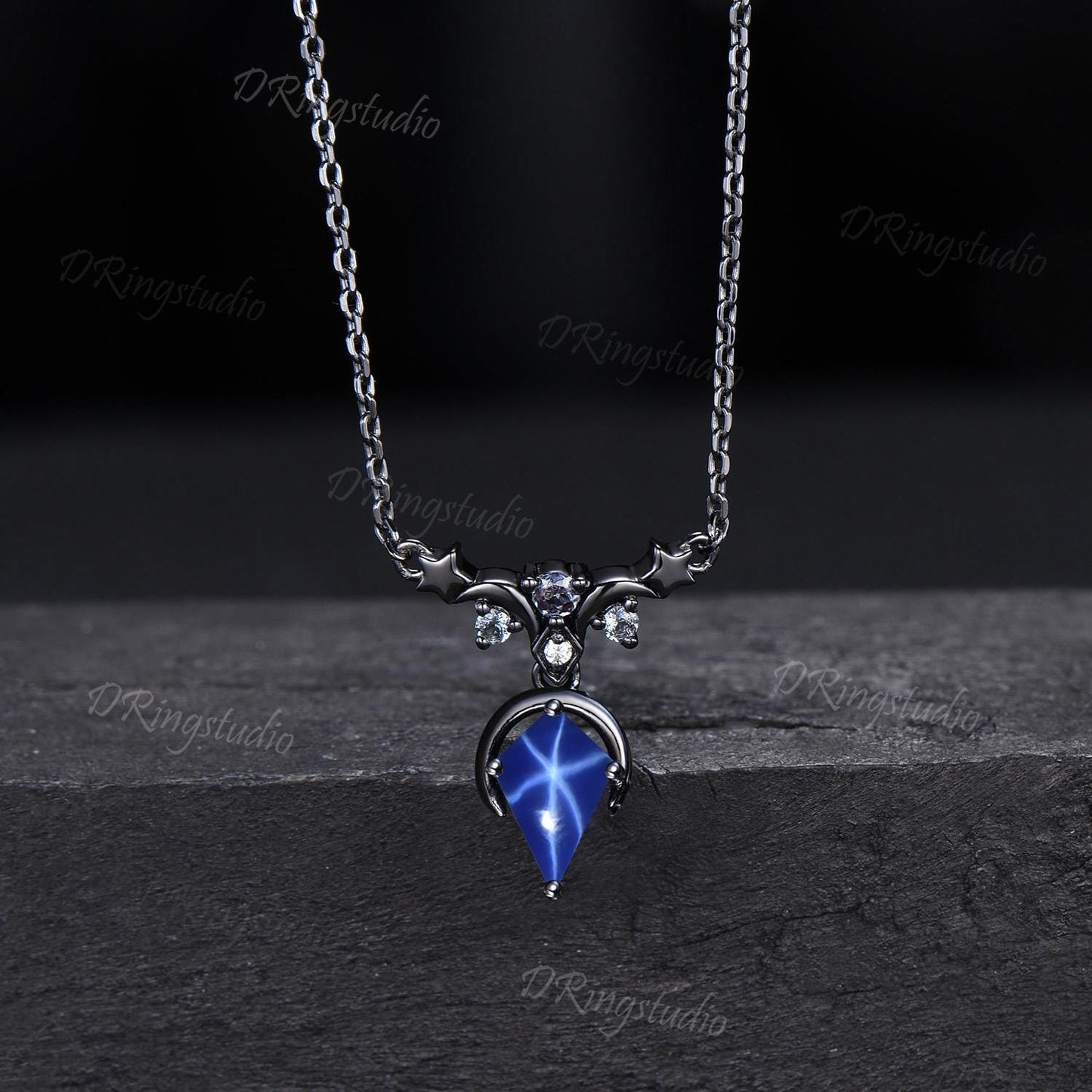 Unique Kite Starry Star Sapphire Necklace Gothic Black Gold Celestial Moon Star Wedding Necklace Cluster Alexandrite Pendant Witchy Jewelry