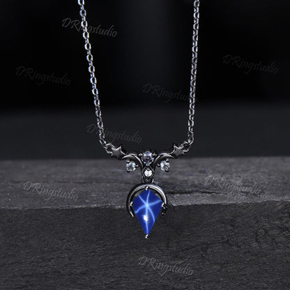 Unique Kite Starry Star Sapphire Necklace Gothic Black Gold Celestial Moon Star Wedding Necklace Cluster Alexandrite Pendant Witchy Jewelry