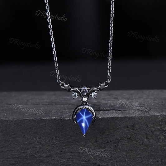 Unique Kite Starry Star Sapphire Necklace Gothic Black Gold Celestial Moon Star Wedding Necklace Cluster Alexandrite Pendant Witchy Jewelry