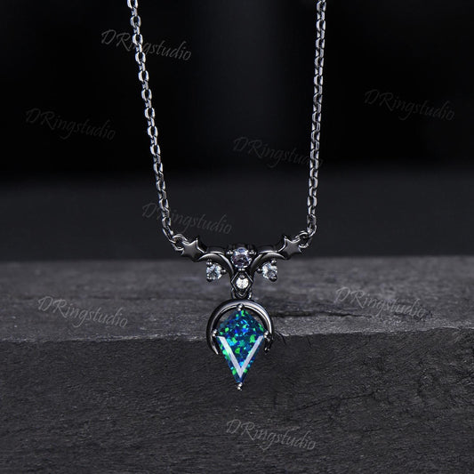 Crescent Moon Star Necklace Kite Galaxy Black Opal Pendant Necklace Gothic Black Gold Charm Pendant Gold Celestial Necklace Anniversary Gift