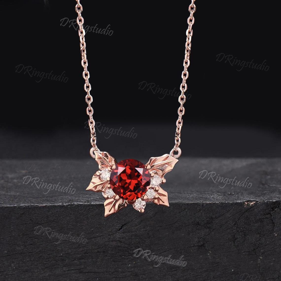 Nature Inspired Round Ruby Leaf Wedding Necklace 14k Rose Gold July Birthstone Pendant Dainty Cluster Moissanite Diamond Necklace Women Gift