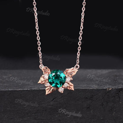 Nature Inspired Holly Leaves Necklace Delicate Round Cut Green Emerald Wedding Necklace Cluster Diamond May Birthstone Pendant Gift for Her