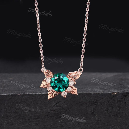 Nature Inspired Holly Leaves Necklace Delicate Round Cut Green Emerald Wedding Necklace Cluster Diamond May Birthstone Pendant Gift for Her