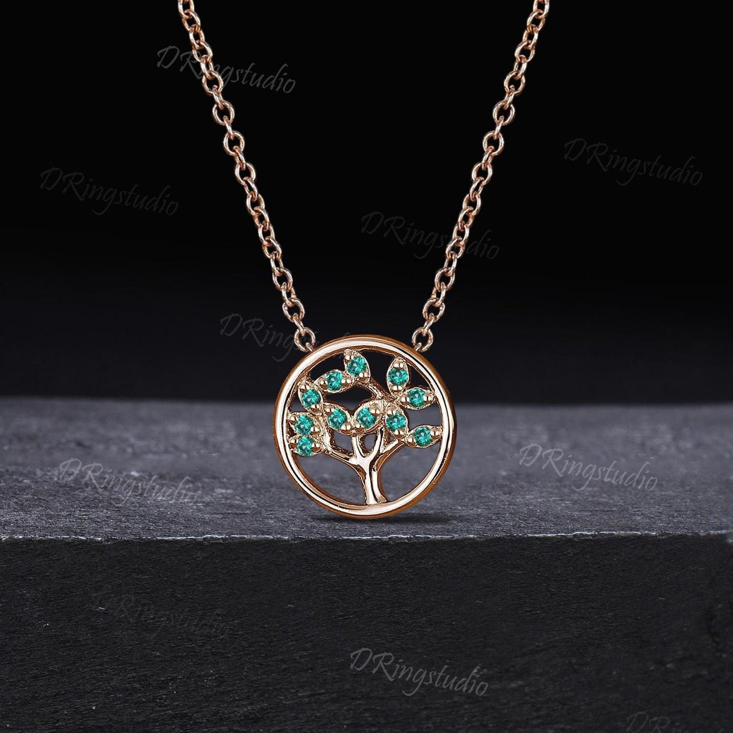 Dainty Rose Gold Family Tree Necklace Art Deco Cluster Green Emerald Pendant Necklace Tree Of Life May Birthstone Pendant Mother's Day Gift