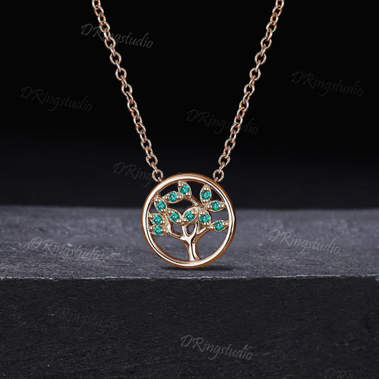 Dainty Rose Gold Family Tree Necklace Art Deco Cluster Green Emerald Pendant Necklace Tree Of Life May Birthstone Pendant Mother's Day Gift