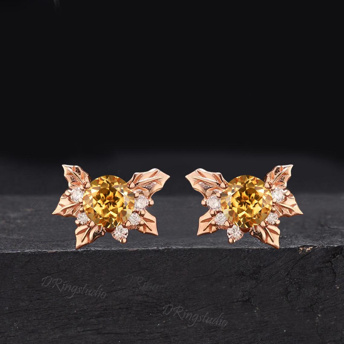 Holly Berry Leaf Stud Earrings Dainty 14k Rose Gold Round Cut Natural Citrine Studs November Birthstone Minimalist Earrings Mothers Day Gift