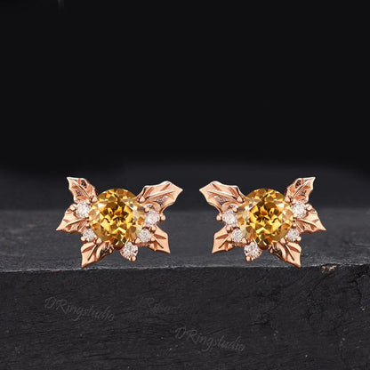 Holly Berry Leaf Stud Earrings Dainty 14k Rose Gold Round Cut Natural Citrine Studs November Birthstone Minimalist Earrings Mothers Day Gift