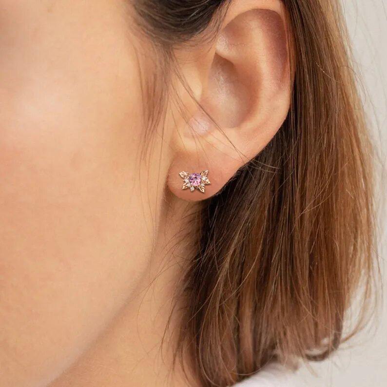 Dainty Padparadscha Sapphire Leaf Stud Earrings Rose Gold Round Cut Pink Sapphire Studs Cluster Moissanite Earrings Holly Studs Gift for Her