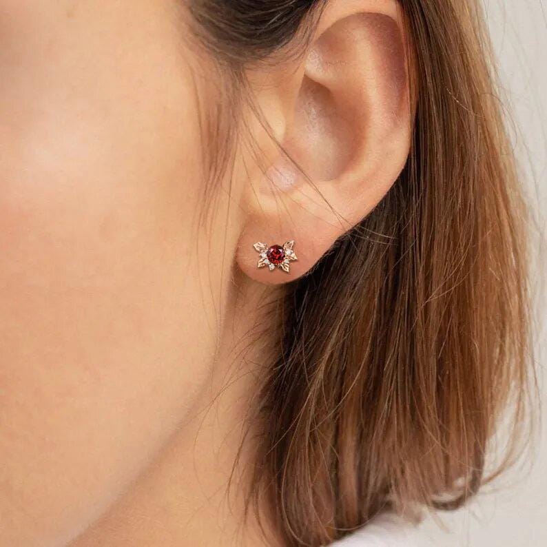 Leaf Holly Round Cut Red Ruby Stud Earrings Rose Gold Nature Inspired Leaf Studs December Birth Flower Gold Earrings Gift for Bridesmaids