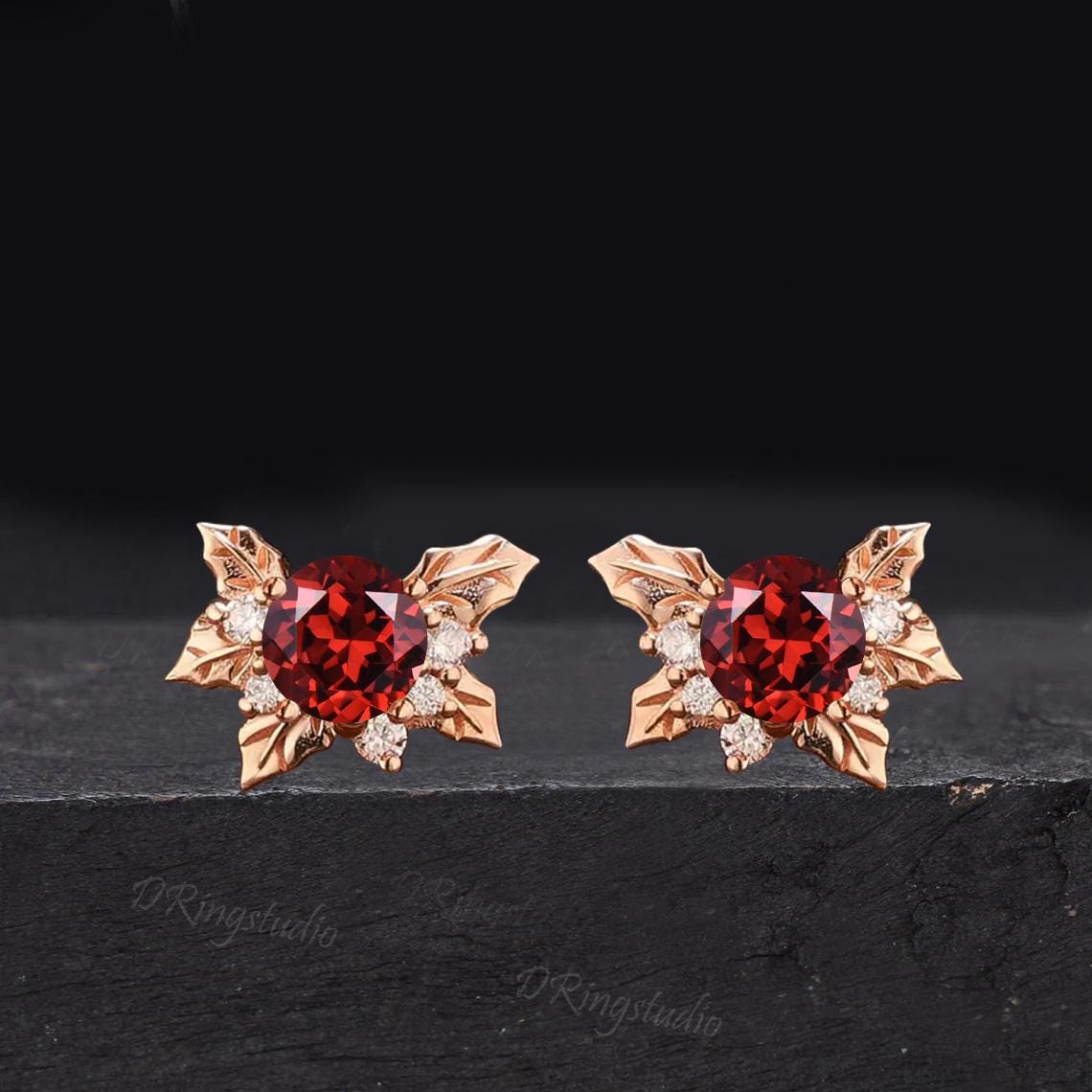 Leaf Holly Round Cut Red Ruby Stud Earrings Rose Gold Nature Inspired Leaf Studs December Birth Flower Gold Earrings Gift for Bridesmaids