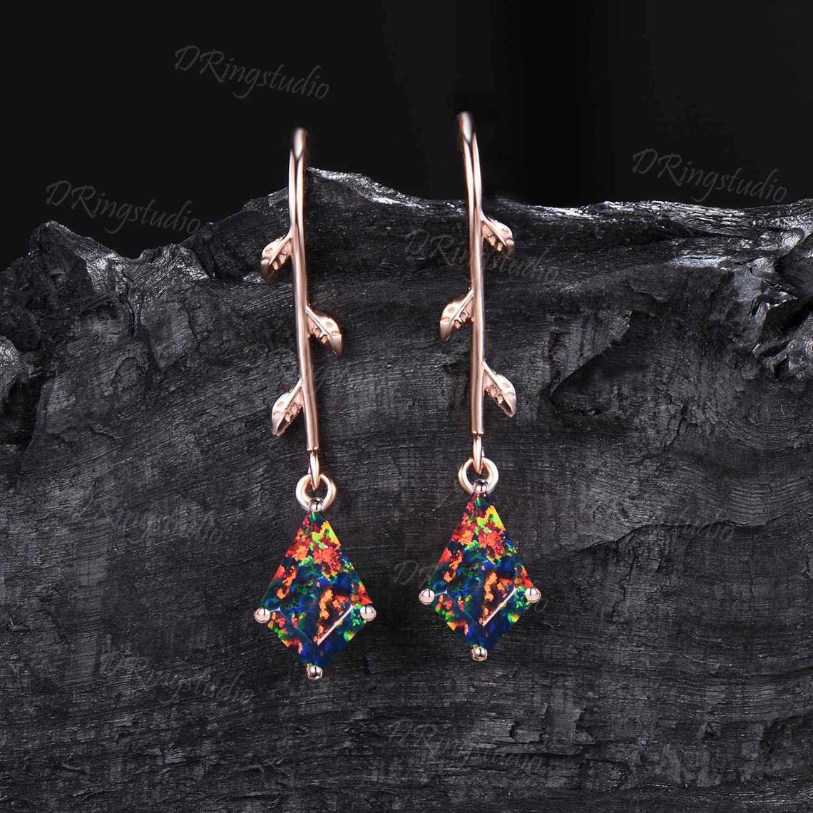 Nature Inspired Black Opal Drop Earrings Kite Cut Fire Opal Dangle Earrings Rose Gold Wedding Earrings Branch Leaf Earrings Anniversary Gift