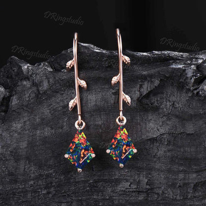 Nature Inspired Black Opal Drop Earrings Kite Cut Fire Opal Dangle Earrings Rose Gold Wedding Earrings Branch Leaf Earrings Anniversary Gift