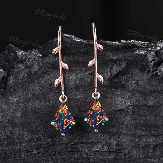 Nature Inspired Black Opal Drop Earrings Kite Cut Fire Opal Dangle Earrings Rose Gold Wedding Earrings Branch Leaf Earrings Anniversary Gift