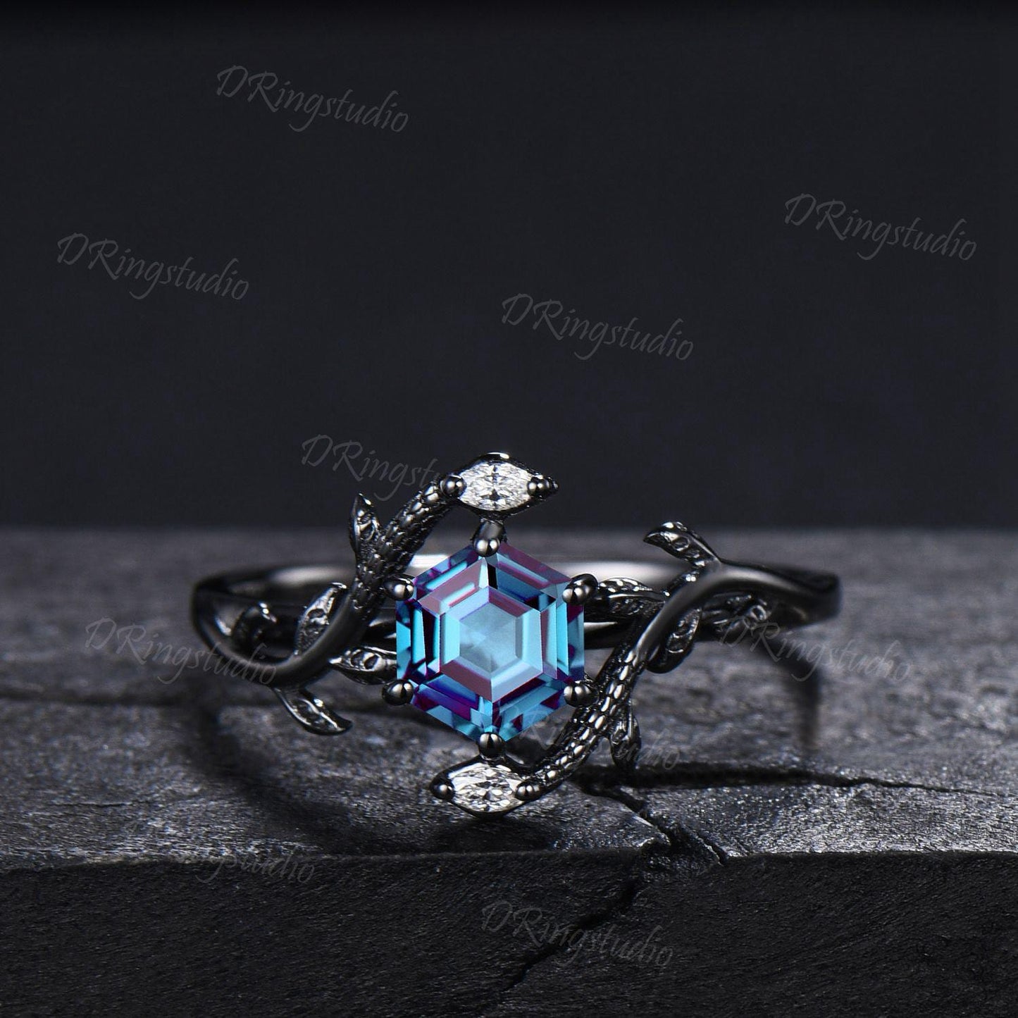 Black Gold Snake Ring Hexagon Cut Alexandrite Engagement Ring Gothic Black Twig Leaf Serpent Wedding Ring June Birthstone Ring Proposal Gift