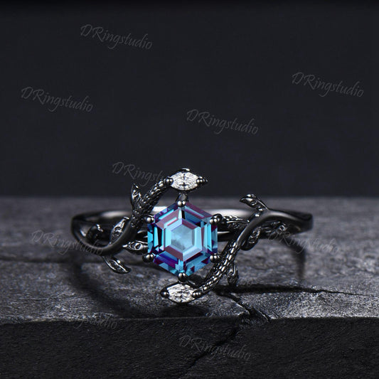 Black Gold Snake Ring Hexagon Cut Alexandrite Engagement Ring Gothic Black Twig Leaf Serpent Wedding Ring June Birthstone Ring Proposal Gift