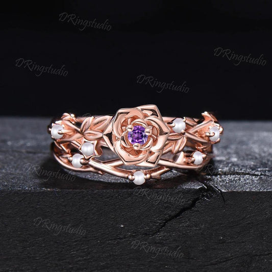 Dainty 14k Rose Gold Flower Amethyst Engagement Ring Set Nature Inspired Cluster Pearl Wedding Ring Branch Leaf Vine Ring Proposal Gift