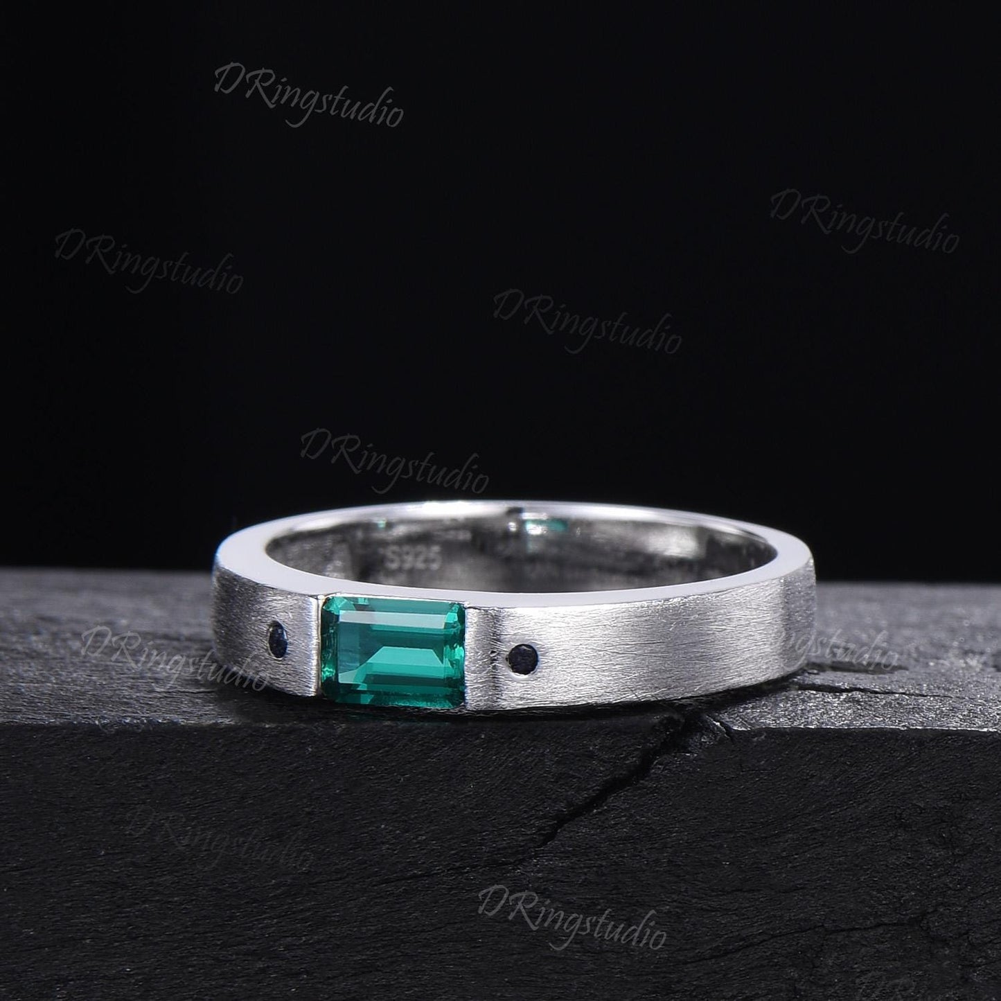 Unique Emerald Cut Emerald Mens Wedding Band Sterling Silver Brushed Finished Band 4mm Matte Band May Birthstone Jewelry Unisex Promise Ring