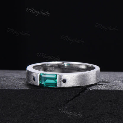 Unique Emerald Cut Emerald Mens Wedding Band Sterling Silver Brushed Finished Band 4mm Matte Band May Birthstone Jewelry Unisex Promise Ring
