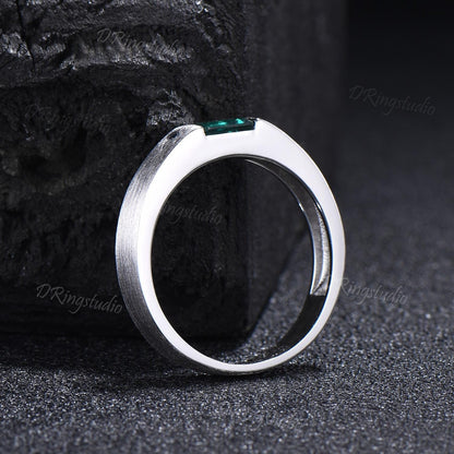 Unique Emerald Cut Emerald Mens Wedding Band Sterling Silver Brushed Finished Band 4mm Matte Band May Birthstone Jewelry Unisex Promise Ring