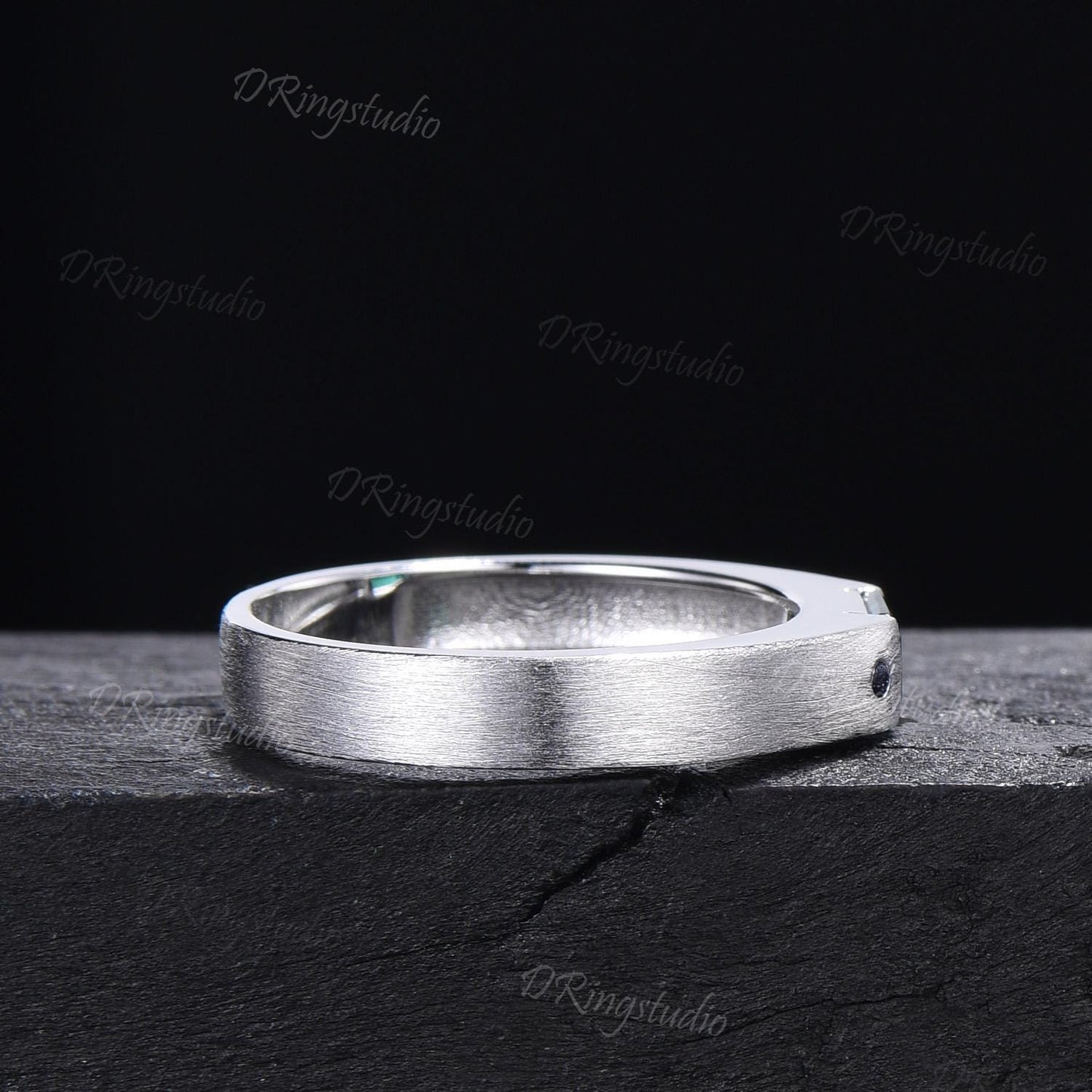 Unique Emerald Cut Emerald Mens Wedding Band Sterling Silver Brushed Finished Band 4mm Matte Band May Birthstone Jewelry Unisex Promise Ring