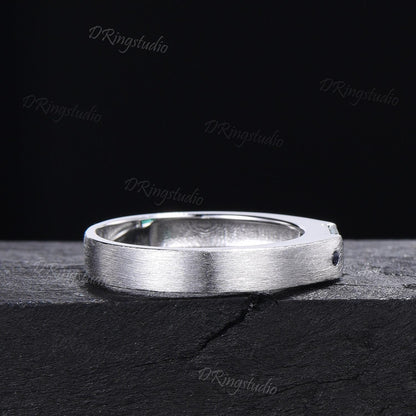 Unique Emerald Cut Emerald Mens Wedding Band Sterling Silver Brushed Finished Band 4mm Matte Band May Birthstone Jewelry Unisex Promise Ring