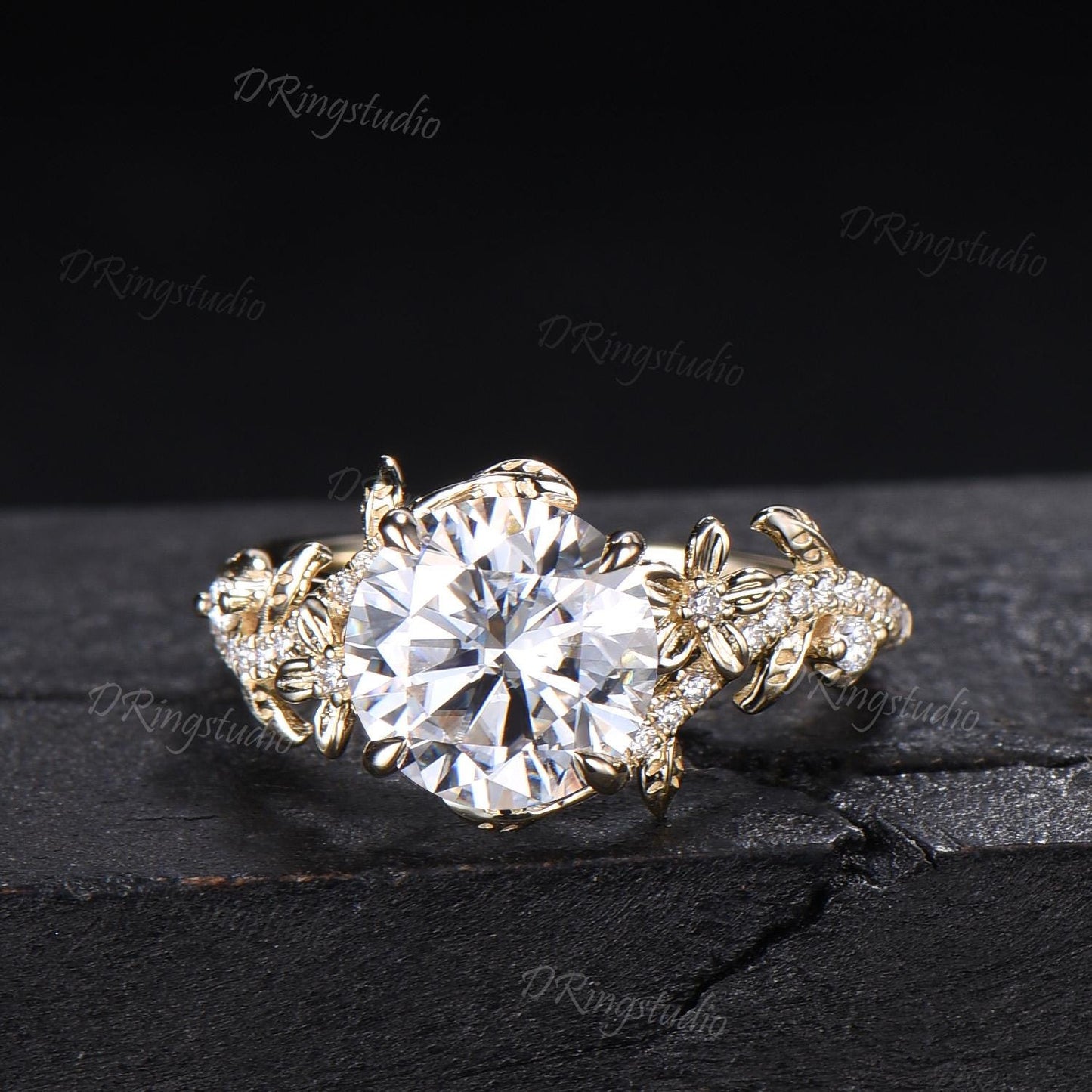 2.5CT Round Cut Moissanite Engagement Ring 14k Solid Gold Floral Wedding Ring Women Gift