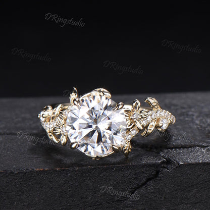2.5CT Round Cut Moissanite Engagement Ring 14k Solid Gold Floral Wedding Ring Women Gift