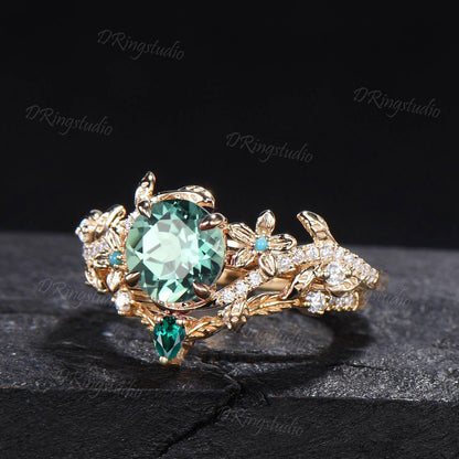 Twig Leaf Green Sapphire Engagement Ring Round Cut Montana Teal Sapphire Moissanite Cluster Wedding Ring Set 14k Gold Nature Inspired Ring