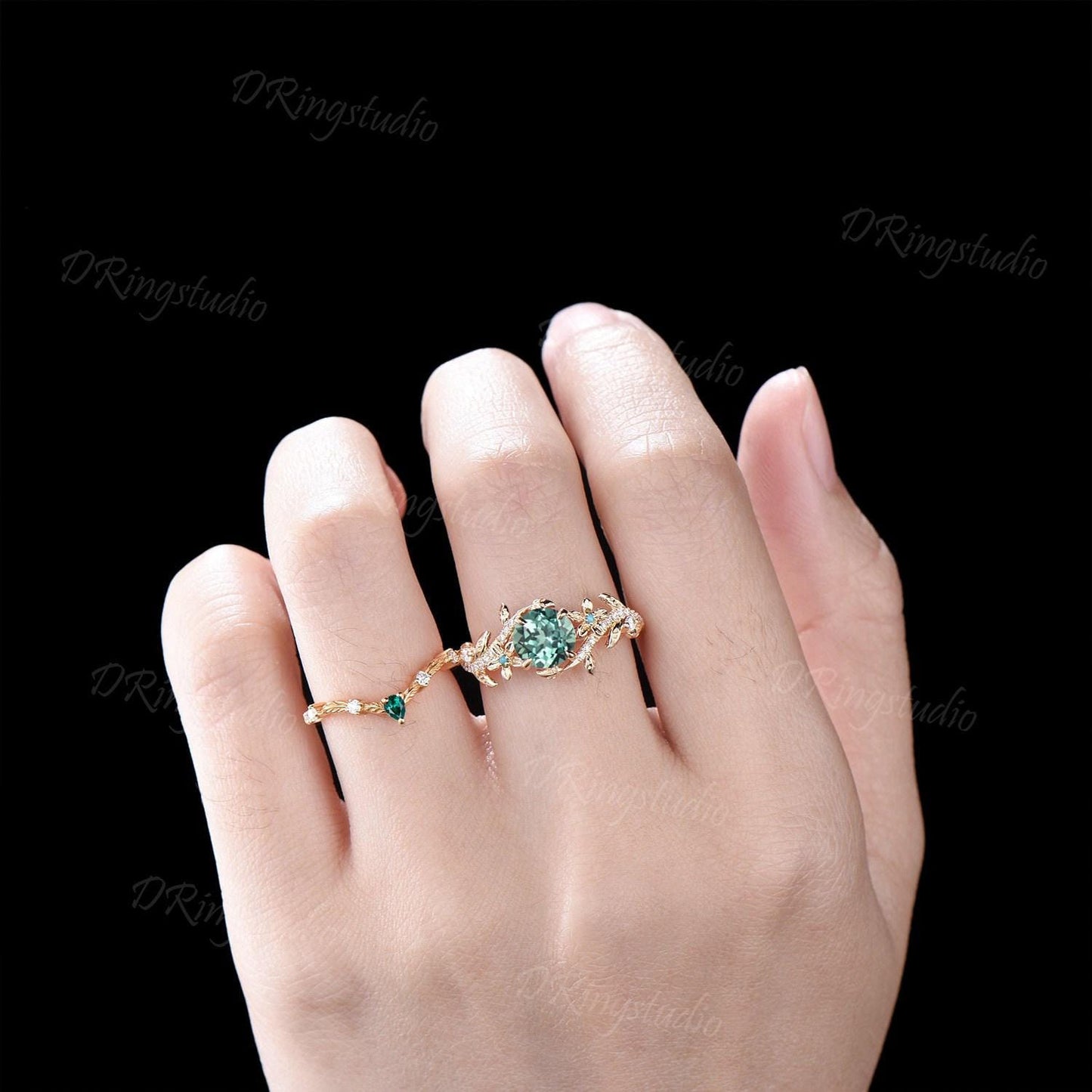 Twig Leaf Green Sapphire Engagement Ring Round Cut Montana Teal Sapphire Moissanite Cluster Wedding Ring Set 14k Gold Nature Inspired Ring