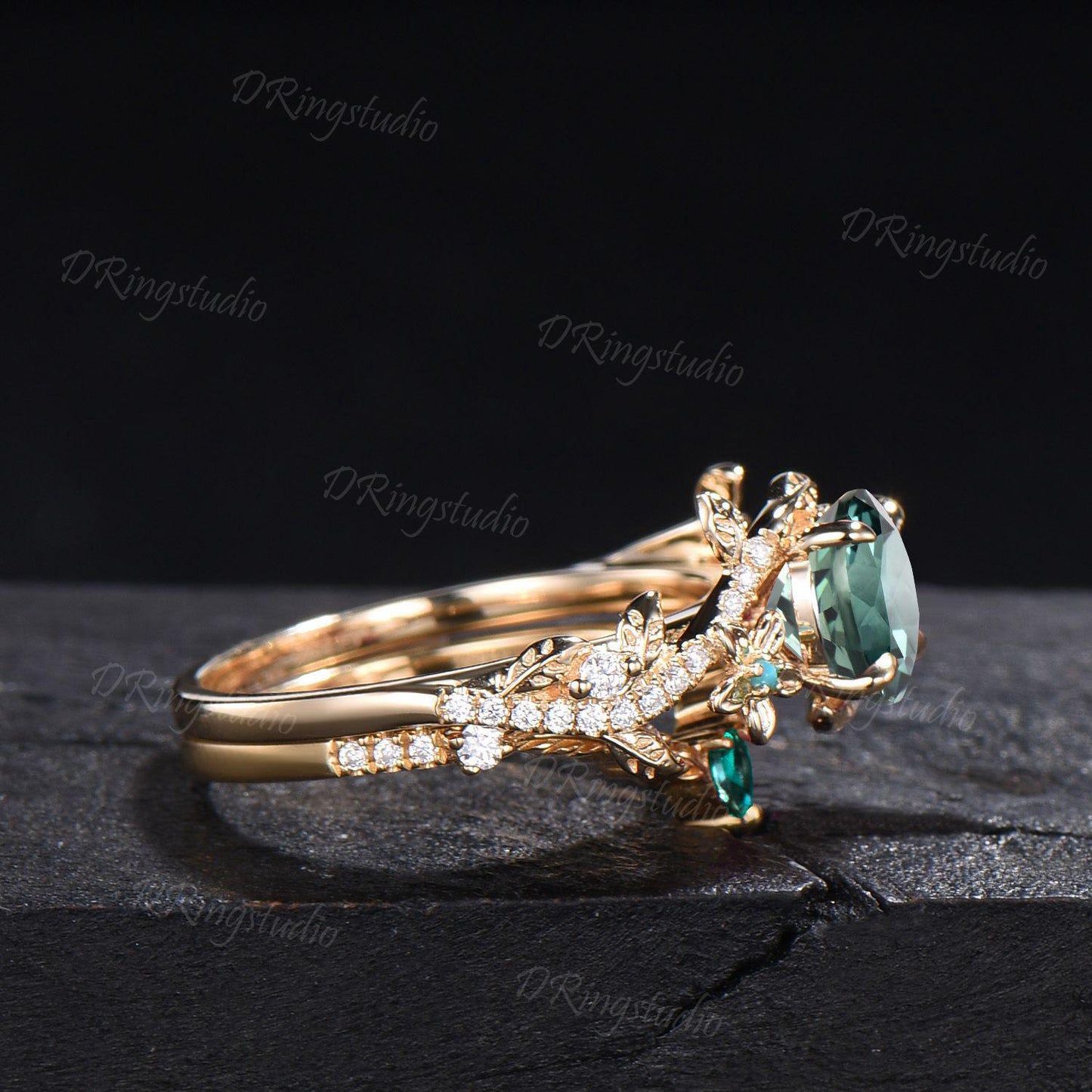 Twig Leaf Green Sapphire Engagement Ring Round Cut Montana Teal Sapphire Moissanite Cluster Wedding Ring Set 14k Gold Nature Inspired Ring