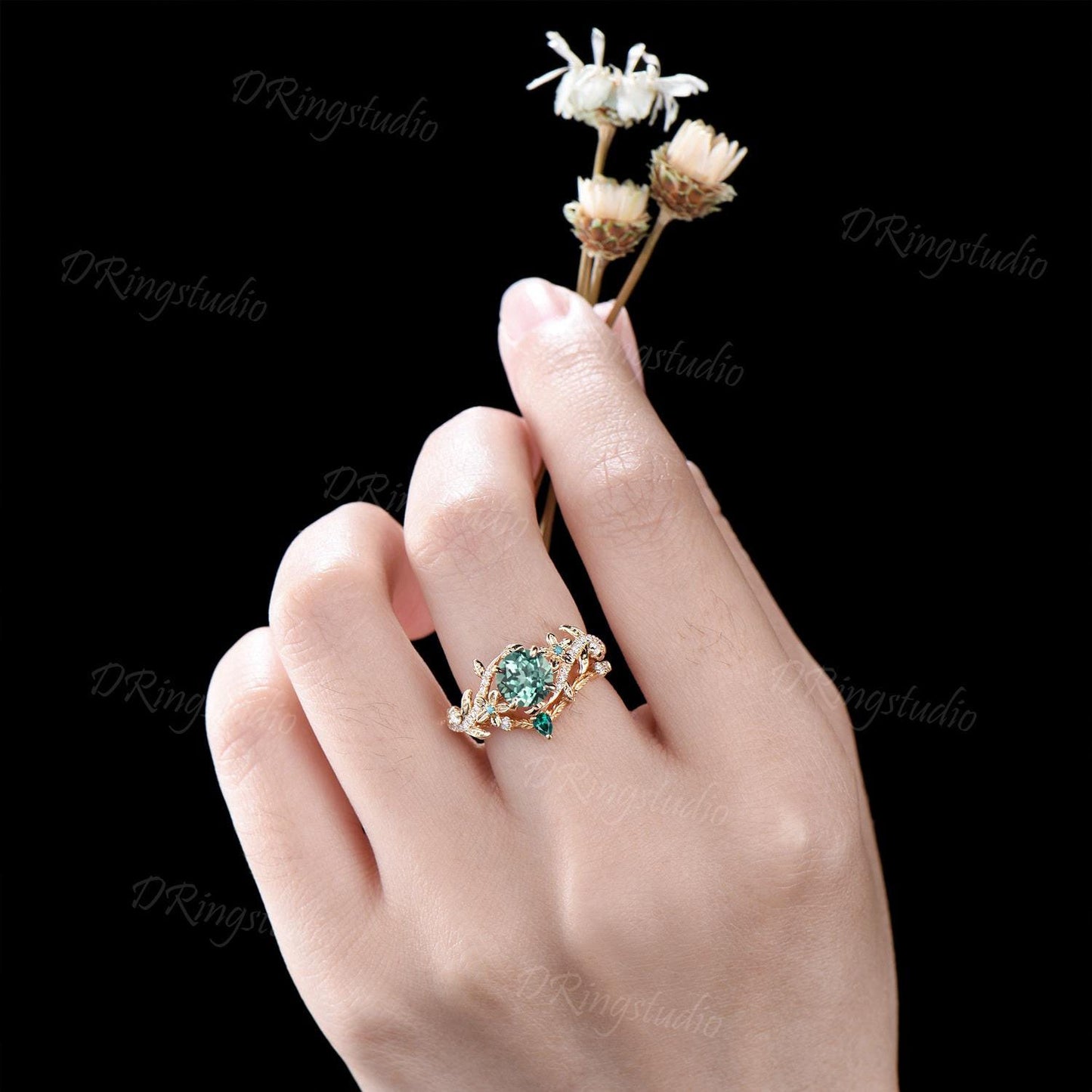 Twig Leaf Green Sapphire Engagement Ring Round Cut Montana Teal Sapphire Moissanite Cluster Wedding Ring Set 14k Gold Nature Inspired Ring