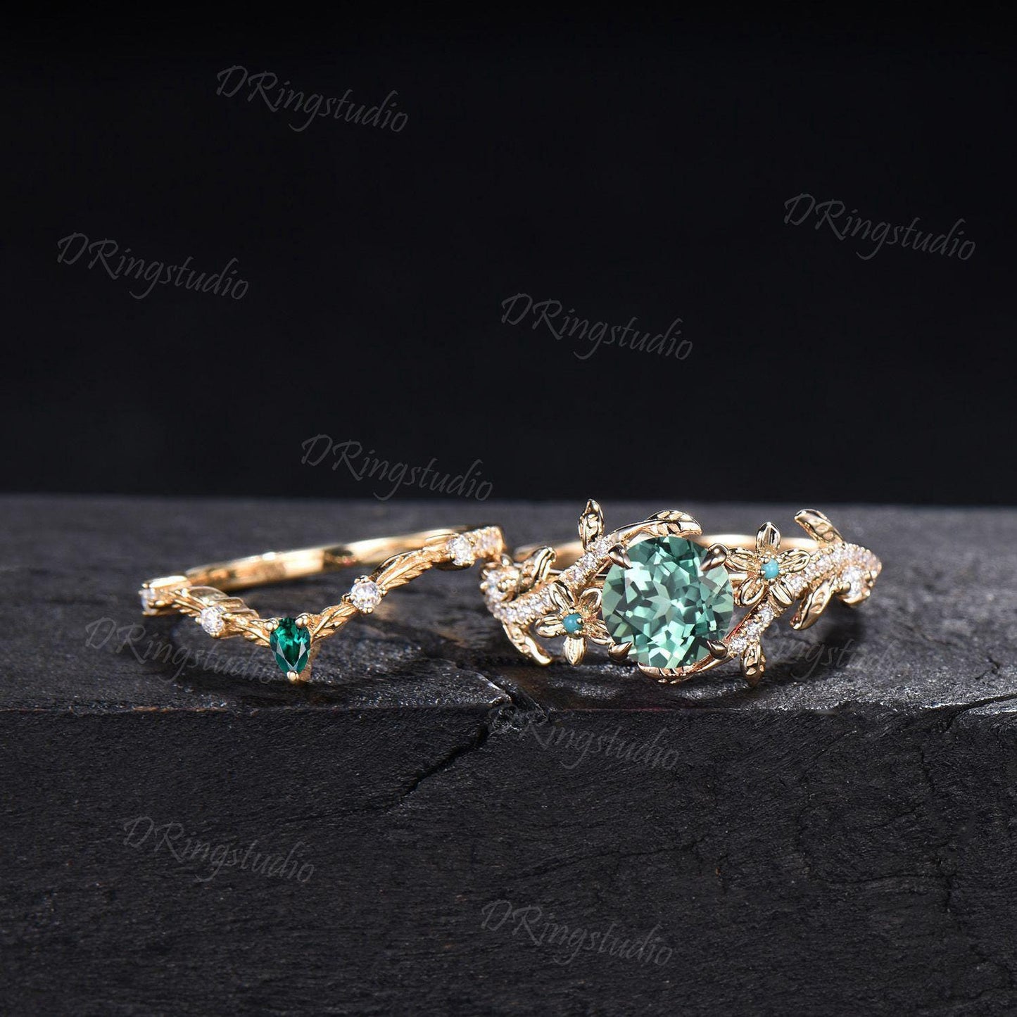 Twig Leaf Green Sapphire Engagement Ring Round Cut Montana Teal Sapphire Moissanite Cluster Wedding Ring Set 14k Gold Nature Inspired Ring