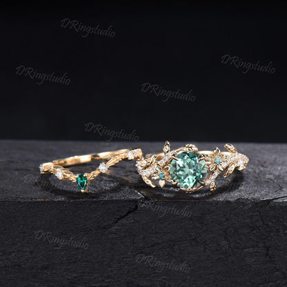 Twig Leaf Green Sapphire Engagement Ring Round Cut Montana Teal Sapphire Moissanite Cluster Wedding Ring Set 14k Gold Nature Inspired Ring