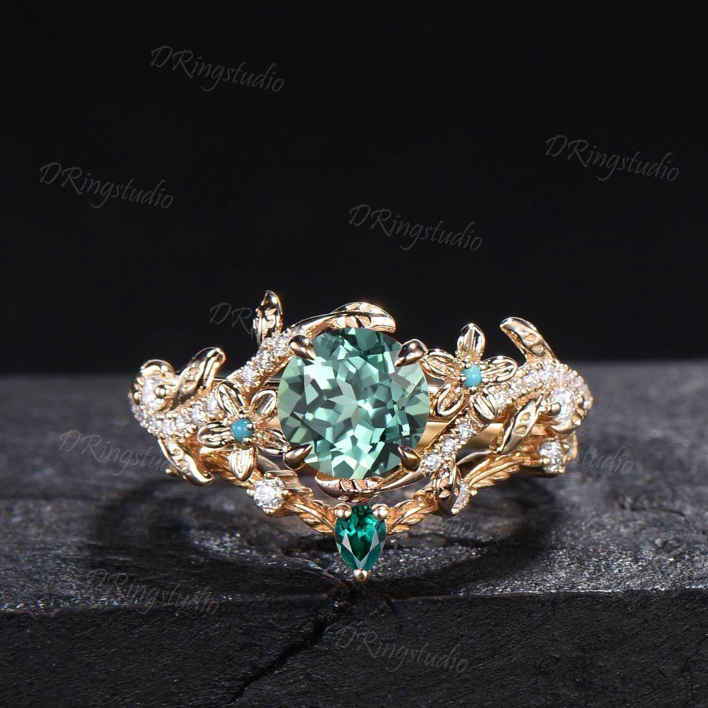 Twig Leaf Green Sapphire Engagement Ring Round Cut Montana Teal Sapphire Moissanite Cluster Wedding Ring Set 14k Gold Nature Inspired Ring