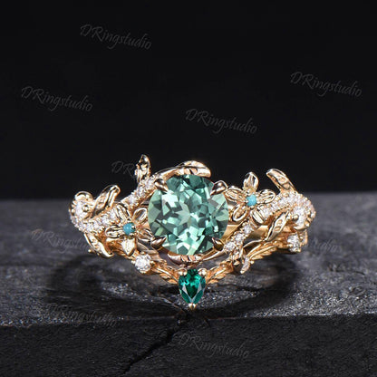 Twig Leaf Green Sapphire Engagement Ring Round Cut Montana Teal Sapphire Moissanite Cluster Wedding Ring Set 14k Gold Nature Inspired Ring