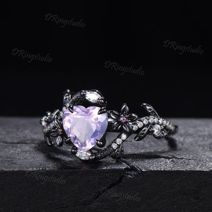 Heart Cut Natural Lavender Amethyst Wedding Ring Goth Black Gold Snake Engagement Ring Serpent Ring Cluster Diamond Promise Ring Women Gift