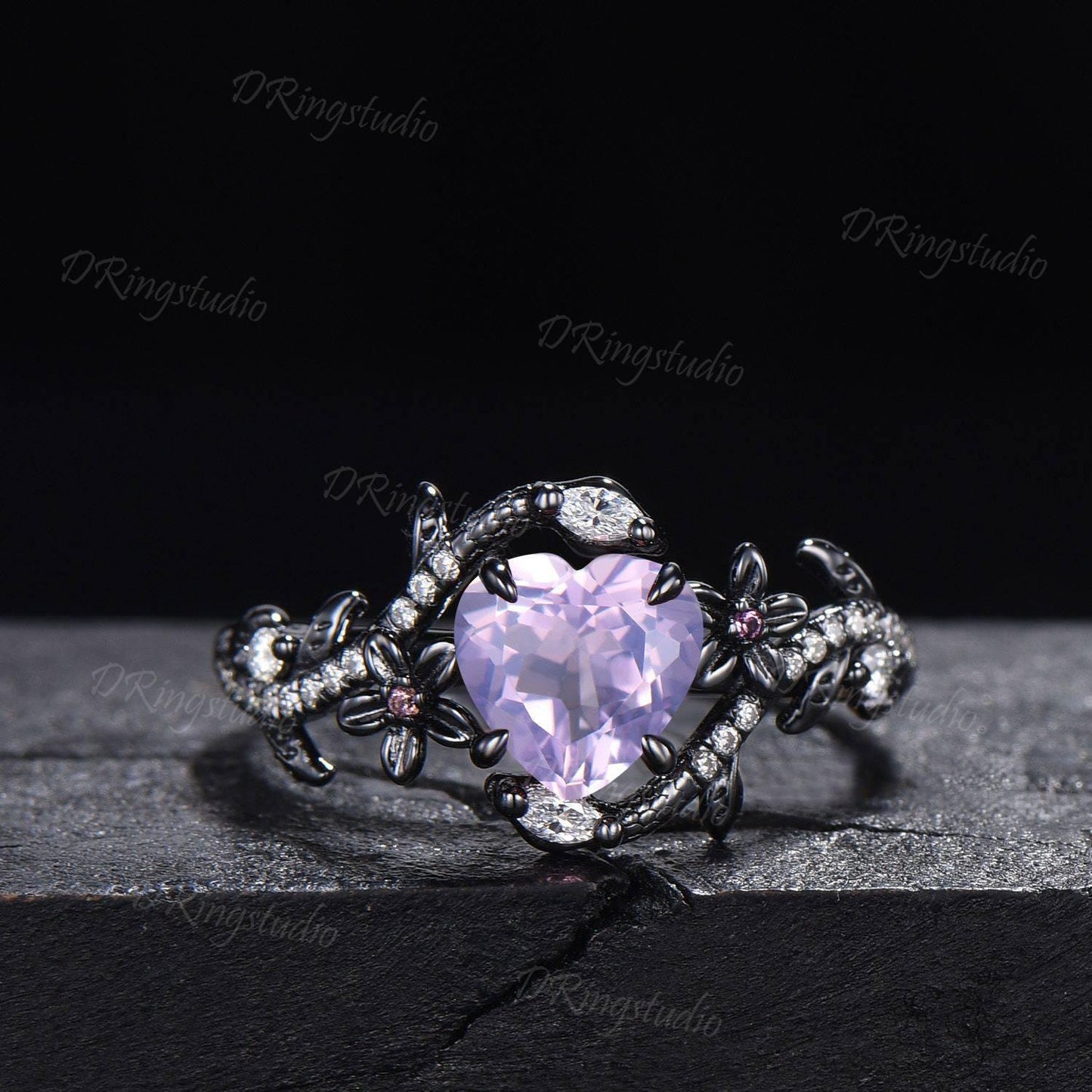 Heart Cut Natural Lavender Amethyst Wedding Ring Goth Black Gold Snake Engagement Ring Serpent Ring Cluster Diamond Promise Ring Women Gift