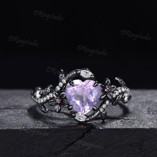 Heart Cut Natural Lavender Amethyst Wedding Ring Goth Black Gold Snake Engagement Ring Serpent Ring Cluster Diamond Promise Ring Women Gift