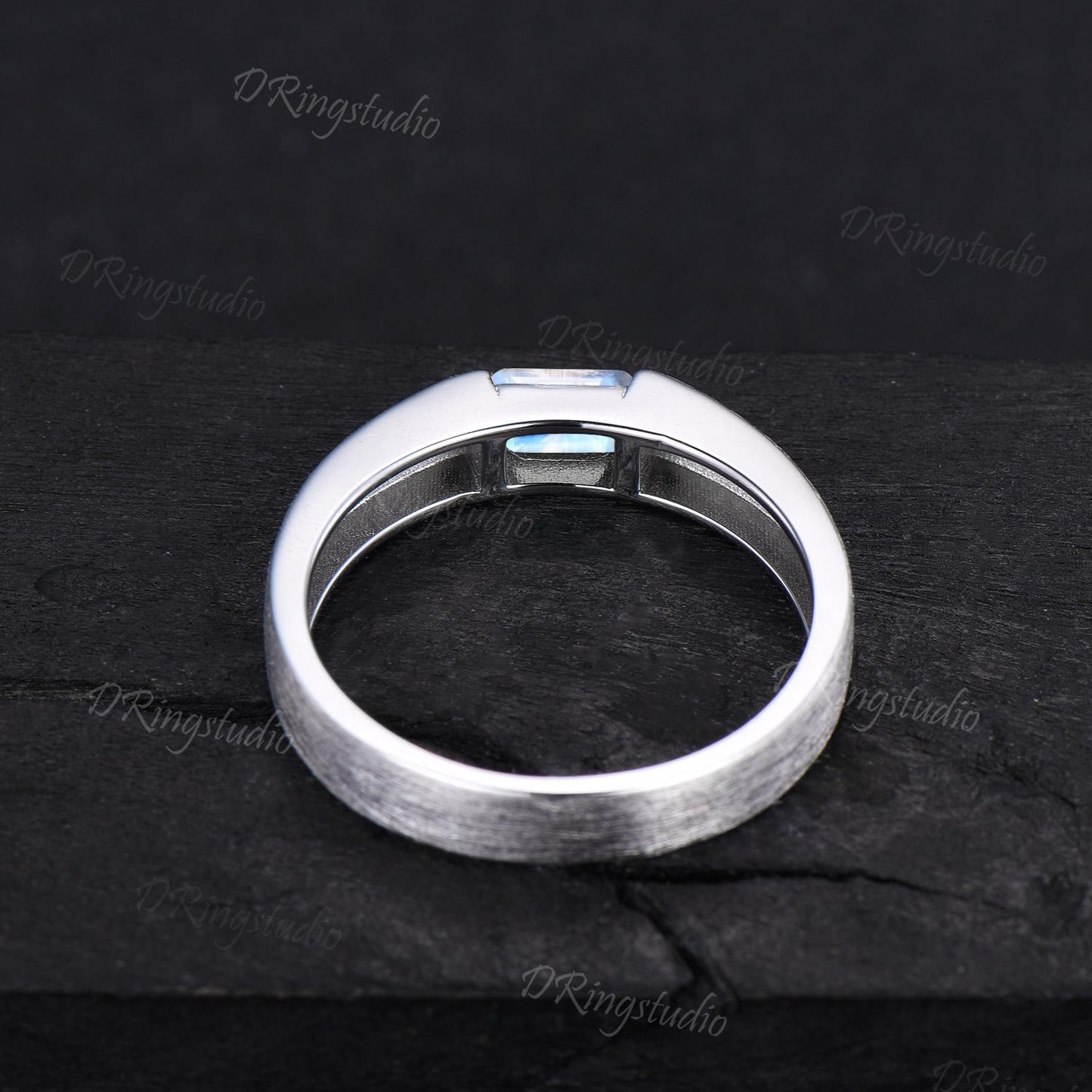 14k Solid Gold Natural Moonstone Mens Wedding Band 4mm Matte Wedding Band Unique Emerald Cut Moonstone Band Brushed Band Unisex Promise Ring
