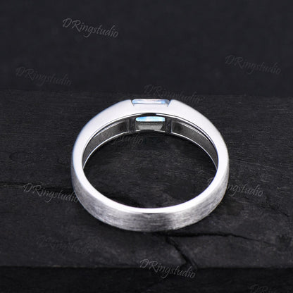 14k Solid Gold Natural Moonstone Mens Wedding Band 4mm Matte Wedding Band Unique Emerald Cut Moonstone Band Brushed Band Unisex Promise Ring