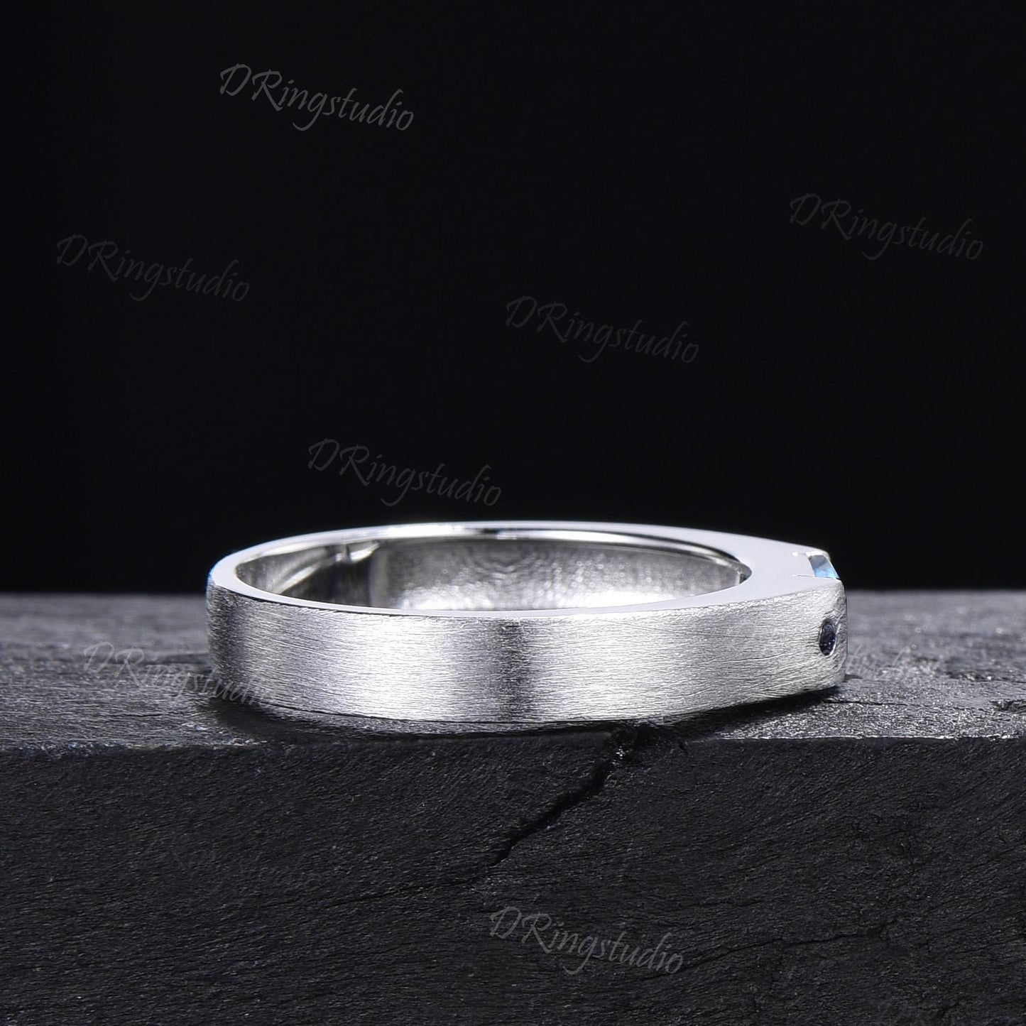 14k Solid Gold Natural Moonstone Mens Wedding Band 4mm Matte Wedding Band Unique Emerald Cut Moonstone Band Brushed Band Unisex Promise Ring