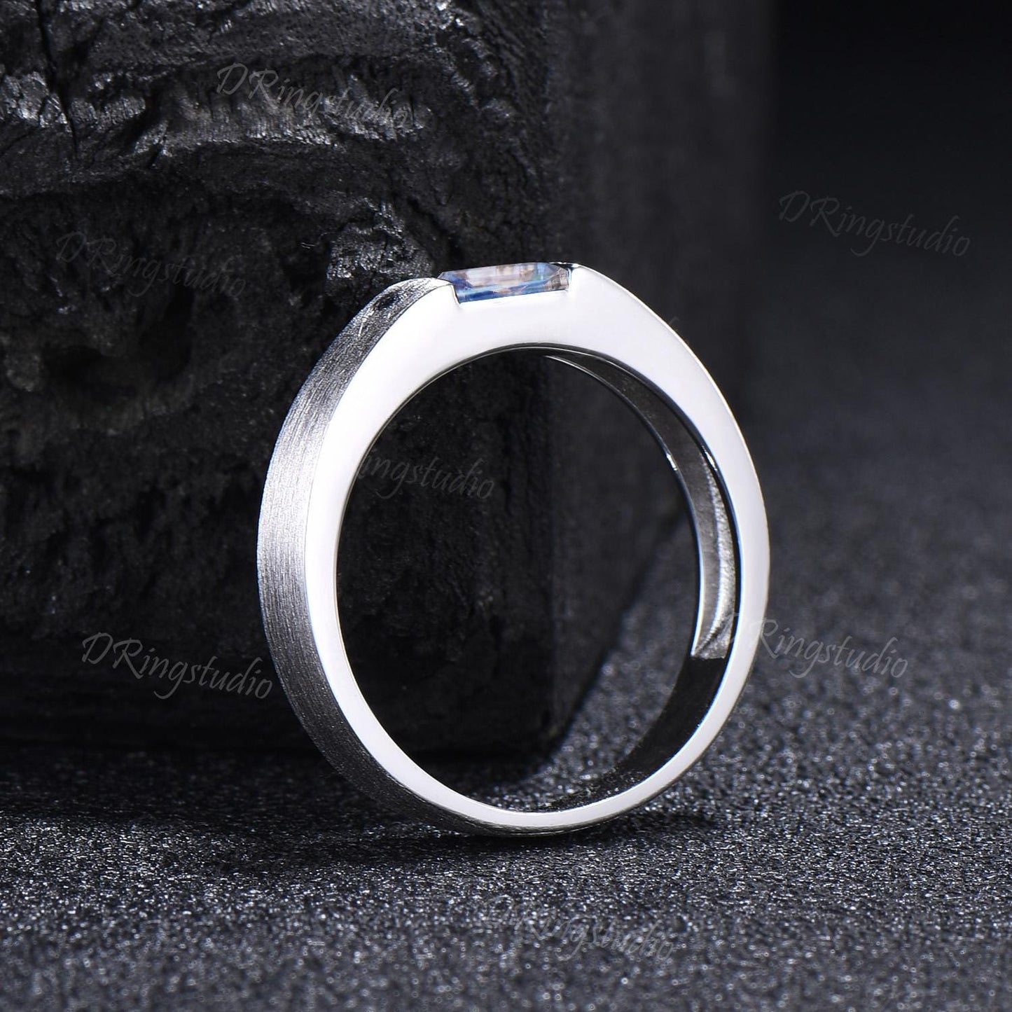 14k Solid Gold Natural Moonstone Mens Wedding Band 4mm Matte Wedding Band Unique Emerald Cut Moonstone Band Brushed Band Unisex Promise Ring